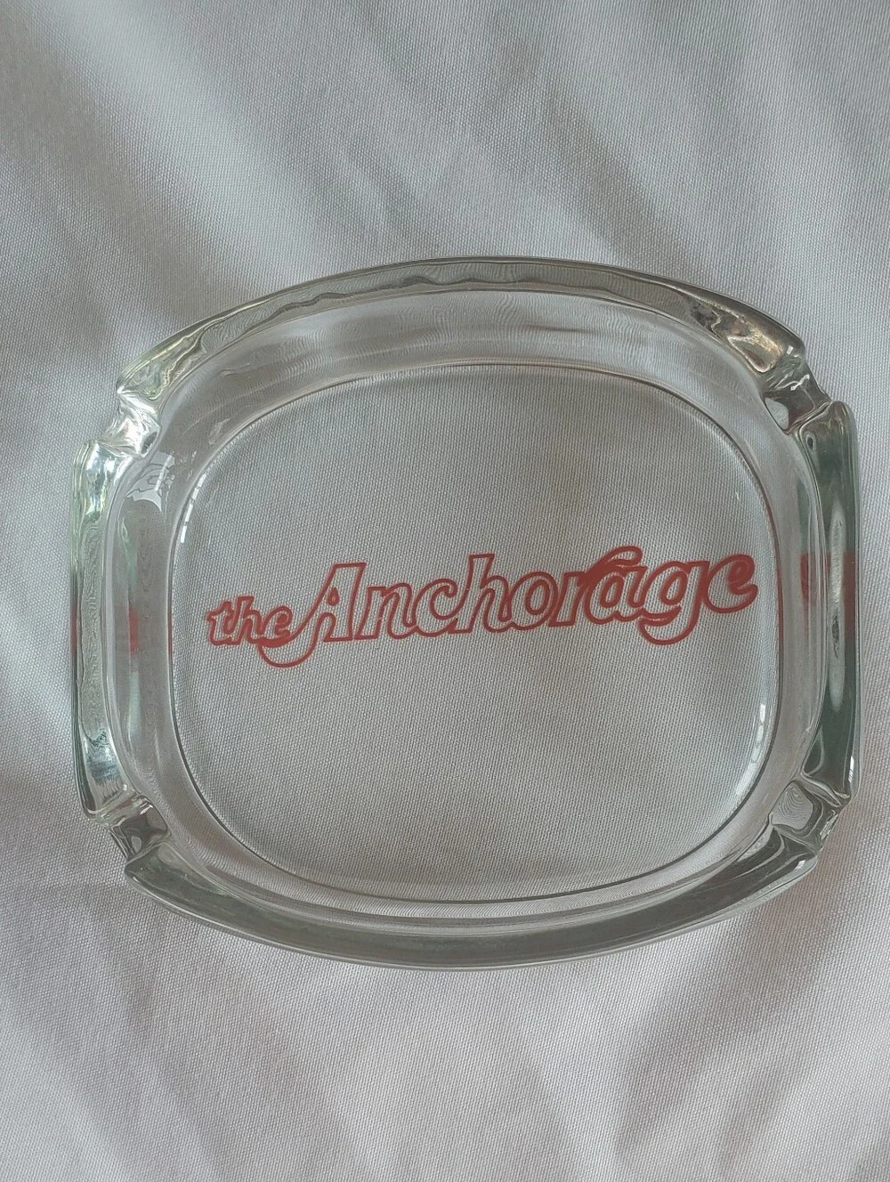 The Anchorage Vintage Clear Glass Ashtray with Red Script Logo Retro MCM EUC